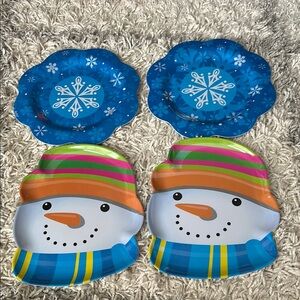 Snowman and Snowflake Holiday Plates Set Melamine